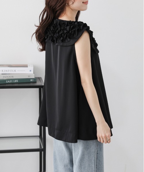 Drawer - Hcharmante femmeビッグカラーブラウスブラック ブラウス シャツ ビッグカラー Aラインブラウス レディース