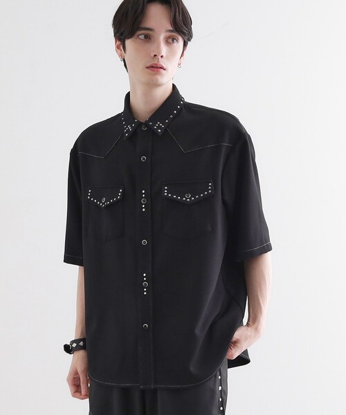 TAKEO KIKUCHI 黒 半袖シャツ tk.TAKEO KIKUCHI シャツ 衿配色ワーカーシャツアウター メンズ