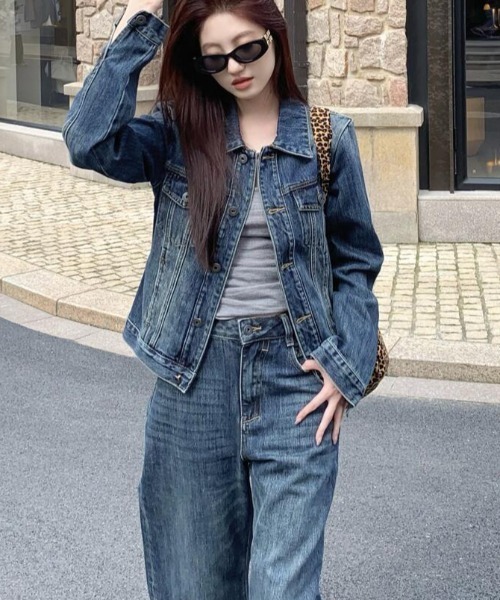 セットアップ デニムセットアップ ミニジャケットとワイドデニムパンツ