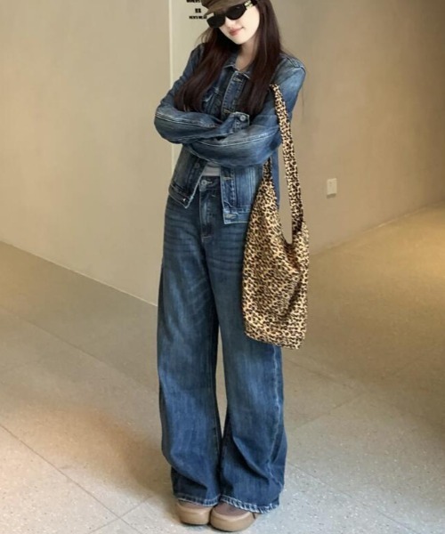 セットアップ デニムセットアップ ミニジャケットとワイドデニムパンツ