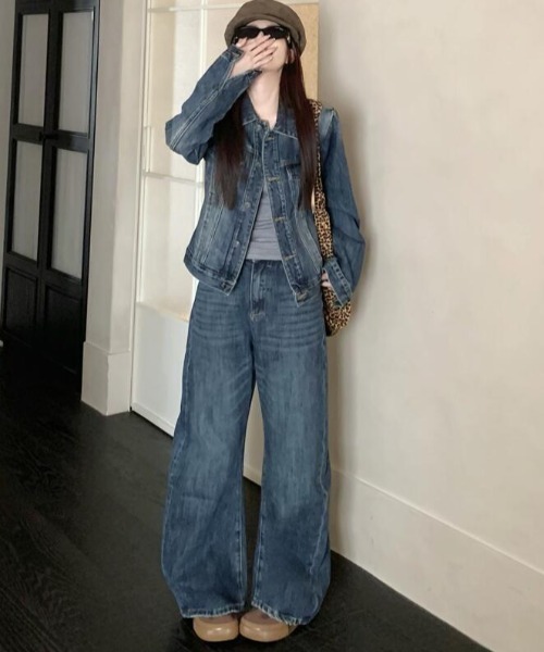 セットアップ デニムセットアップ ミニジャケットとワイドデニムパンツ