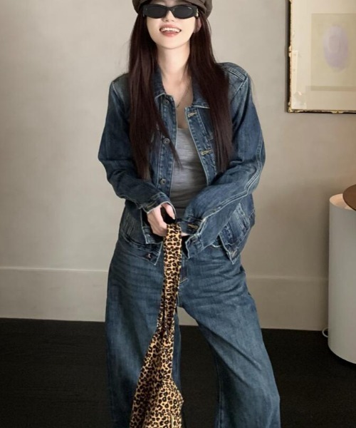 セットアップ デニムセットアップ ミニジャケットとワイドデニムパンツ