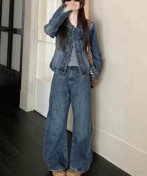 セットアップ デニムセットアップ ミニジャケットとワイドデニムパンツ