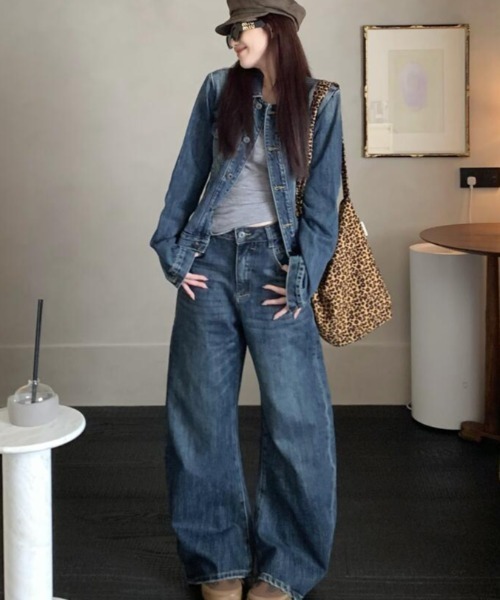 セットアップ デニムセットアップ ミニジャケットとワイドデニムパンツ 