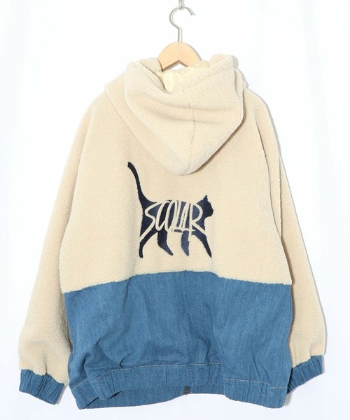 ScoLar ネコ刺繍ボア×デニム異素材切替ブルゾン　ベージュ(ブルー) ScoLar（スカラー） ブルゾン アウター ネコ刺繍ボア×デニム異素材切替