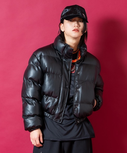 ダウンジャケット ダウン a.p.o.v. 合成皮革クロップド丈パフ