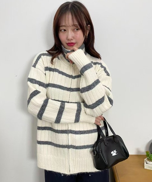 レディース ボーダージップ ニット カーディガン カーディガン ボーダージップニットカーディガン レディース