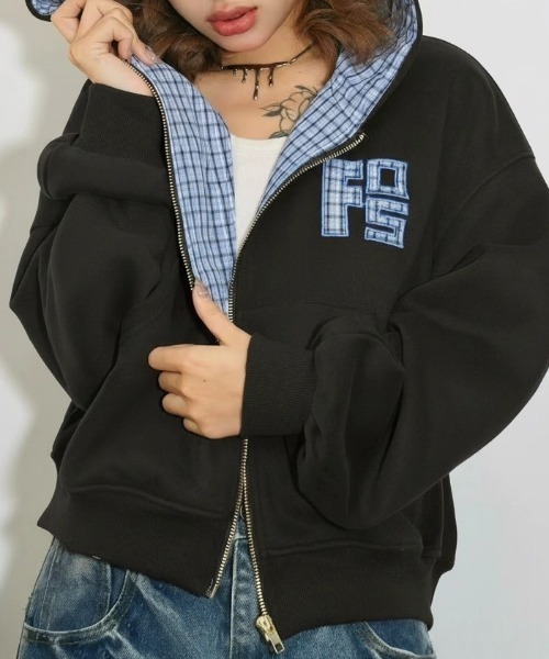 パーカー チェック切り替えジップパーカー レディース | ブランド登録なし
