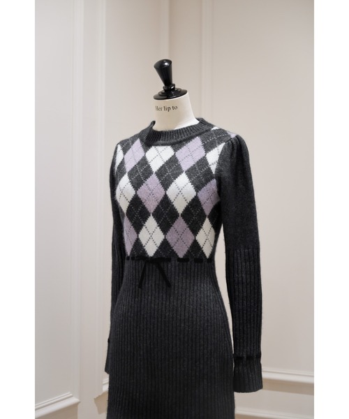 ワンピース Moor Argyle Ribbon Knit Dress Moor Argyle Ribbon Knit Dress（ワンピース）｜Her lip to（ハー