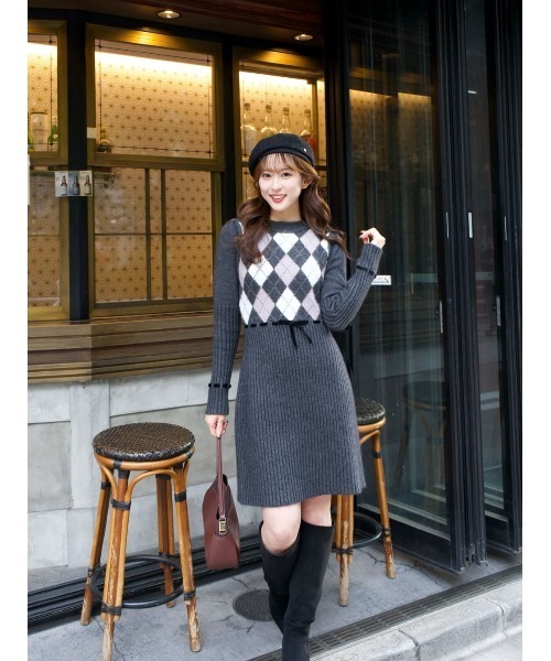 Her lip to ワンピース Moor Argyle Ribbon Knit Dress : ZOZOTOWN
