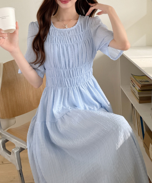Ada. ワンピース 半袖 ピンタック ウエスト シャーリング ロング