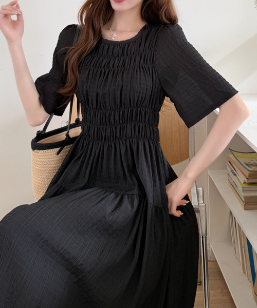 Ada. ワンピース 半袖 ピンタック ウエスト シャーリング ロング