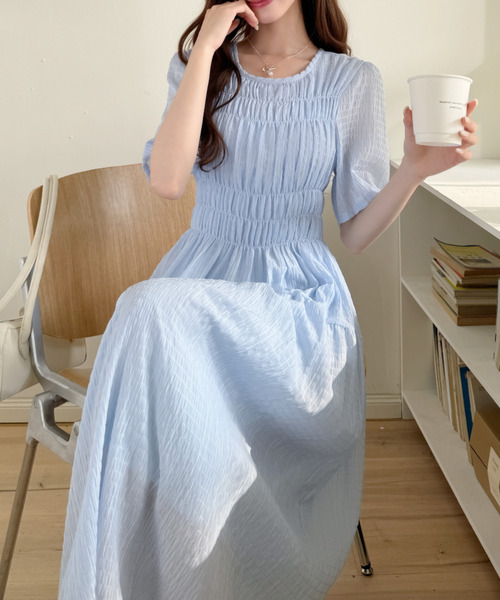 Ada. ワンピース 半袖 ピンタック ウエスト シャーリング ロング