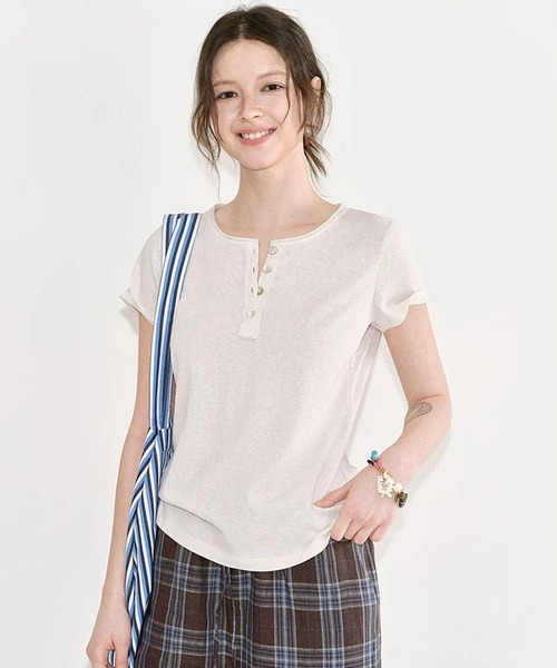 ヘンリーネック tシャツ 半袖 ハーフオープン シェルボタン 半袖