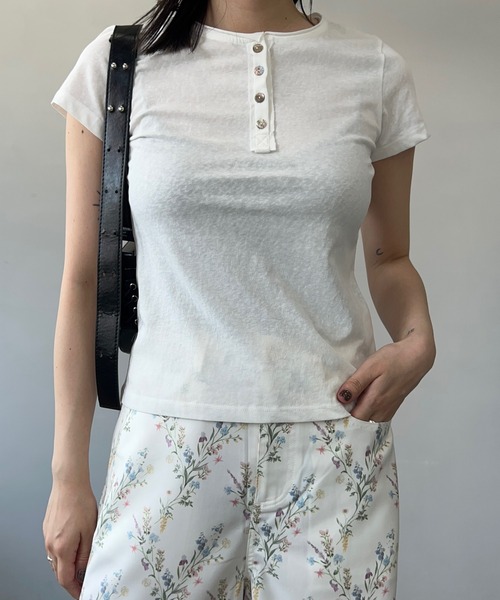 ヘンリーネック tシャツ 半袖 ハーフオープン シェルボタン 半袖