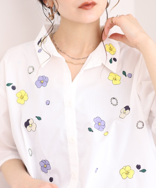 Emago（イマゴ） ブラウス シャツ ビオラ刺繍チュニックシャツ 5分袖