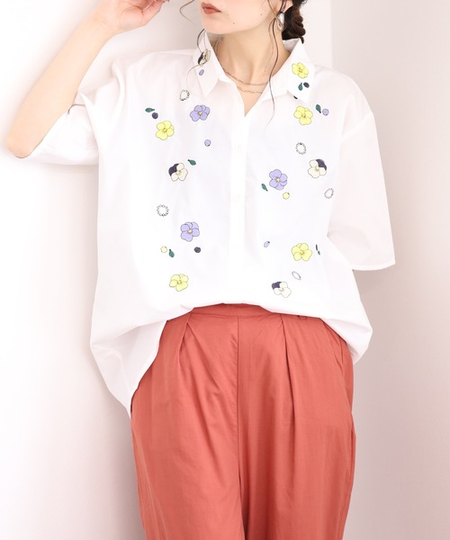 Emago（イマゴ） ブラウス シャツ ビオラ刺繍チュニックシャツ 5分袖