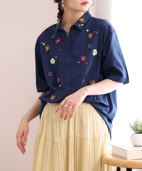 Emago（イマゴ） ブラウス シャツ ビオラ刺繍チュニックシャツ 5分袖 