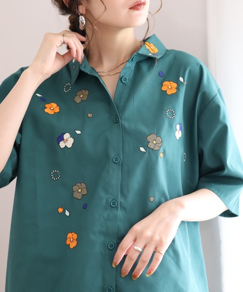 Emago（イマゴ） ブラウス シャツ ビオラ刺繍チュニックシャツ 5分袖