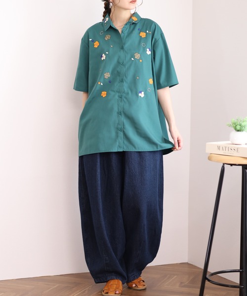 Emago（イマゴ） ブラウス シャツ ビオラ刺繍チュニックシャツ 5分袖