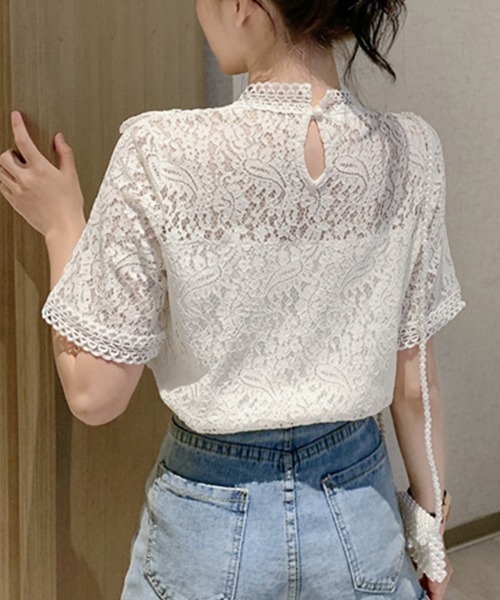 ブラウス シャツ プチハイネック総レースブラウス レディース