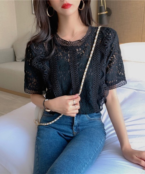 ブラウス シャツ プチハイネック総レースブラウス レディース