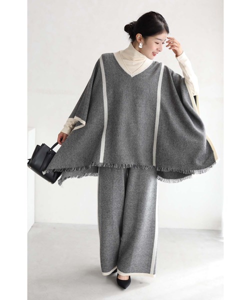 cawaii ニット セーター ゆったりニットポンチョとワイドパンツ2点