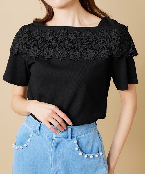 tシャツ オフショルレーススウェットTOP レディース alotta tシャツ オフショル風レースデザイントップス レディース