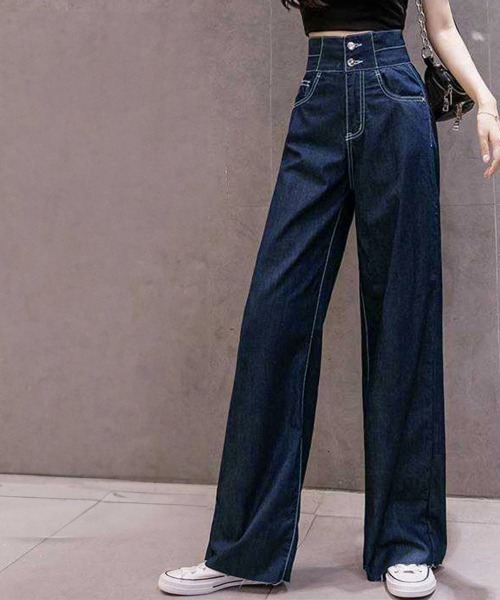 ワイドパンツ デニム ハイウエスト 脚長 スポーティ シンプル miniministore ジーンズ デニム デニムパンツ ワイドパンツ ハイ