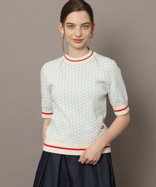 DRESSTERIOR◆トリコロールジャカードハーフスリーブニット/34/コットン/BLU/085-18006 DRESSTERIOR ニット セーター 「洗える」トリコロールジャカード