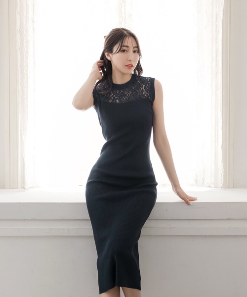 Julia Boutique ワンピース デコルテレースタイトニット