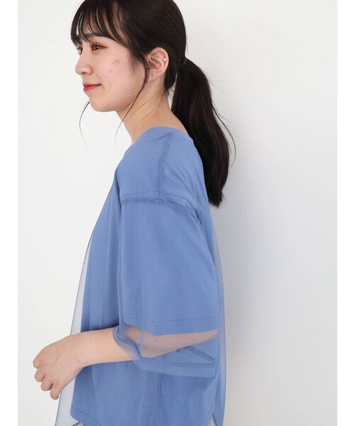 tシャツ チュールレイヤード5分袖カットソープルオーバー レディース Green Parks tシャツ BEST PRICE チュールレイヤードプル