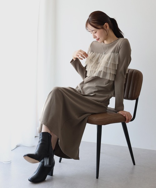 BLUEEAST ワンピース フリルチュールレイヤードワンピース