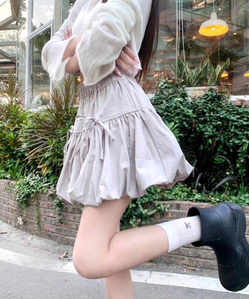 Chloe　リボン付きベージュスカート デコレーションリボンメッシュタックフレアスカート