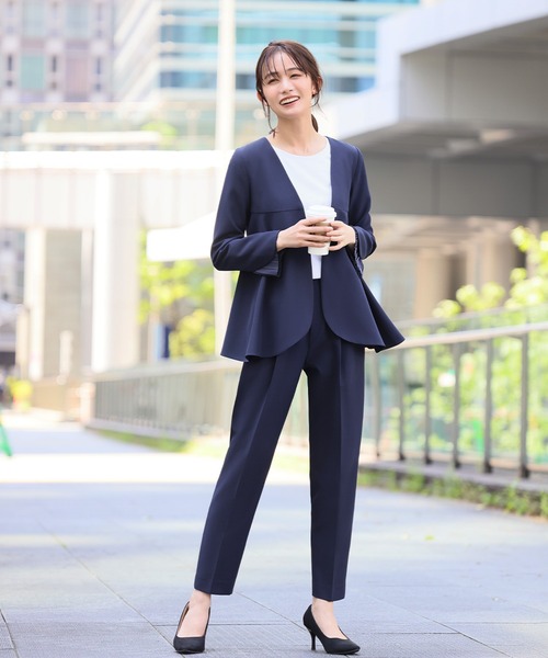 LIPRIA レディース　セットアップスーツ　パンツ　ネイビー　15号 Flolia セットアップ フレアジャケット・テーパードパンツ