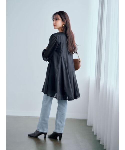 tシャツ シアーギャザーチュニック「低身長・小柄女性