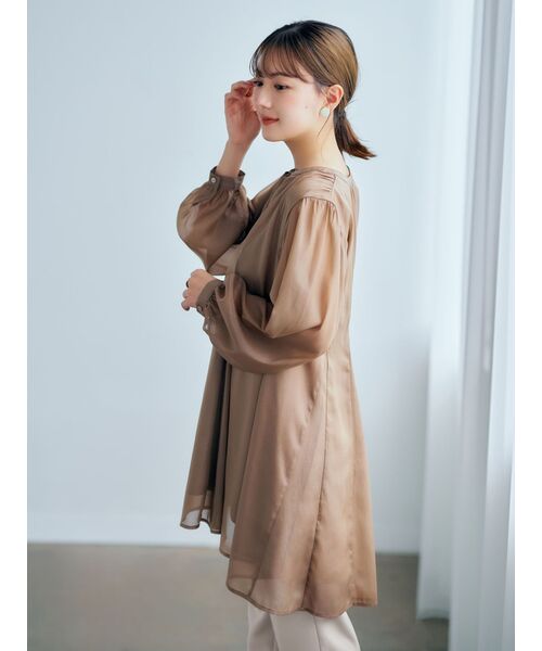 tシャツ シアーギャザーチュニック「低身長・小柄女性