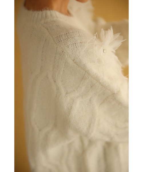 cawaii ニット セーター ハートビジューのふわふわチュール花ニット