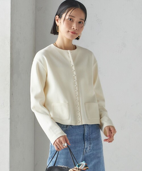 SHIPS for women / シップスウィメン 〈手洗い可能〉ブークレ ダブル ニット パールモチーフボタン カーディガン SHIPS カーディガン 「手洗い可能」ブークレ ダブル ニット