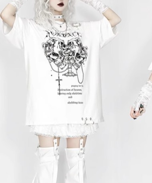 BEDROCK スカルプリント Tシャツ ホワイト NOVESSEL tシャツ 半袖 「AOSPACE」スカルプリントTシャツ レディース