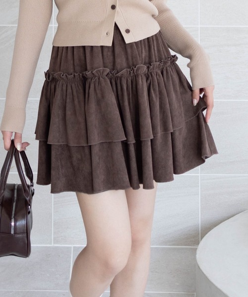 clear スカート 2段フリルティアードスエードミニスカート「韓国
