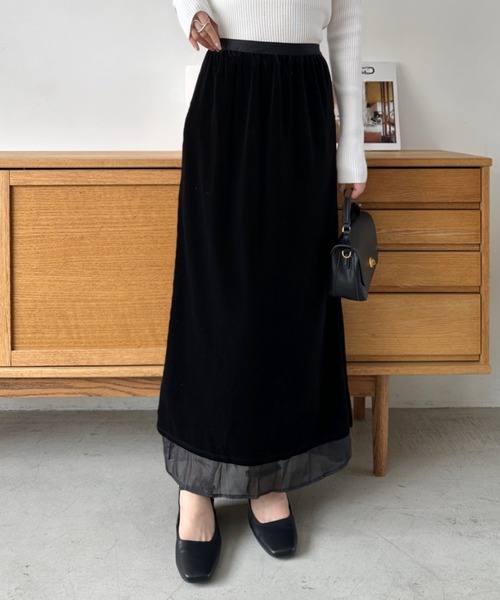 Eclat one スカート 「Eclat one」レイヤードデザイン ベロア ロング