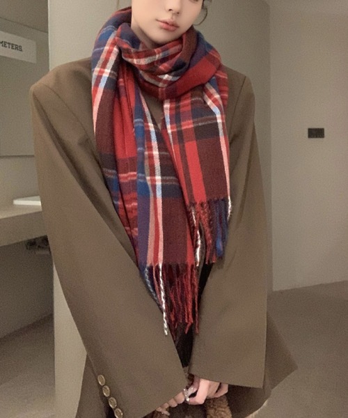 2ly2 マフラー ストール 王道チェック柄で華やかに！レッドマフラー