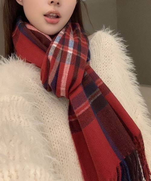 2ly2 マフラー ストール 王道チェック柄で華やかに！レッドマフラー