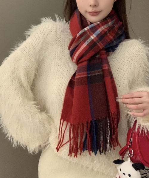 2ly2 マフラー ストール 王道チェック柄で華やかに！レッドマフラー