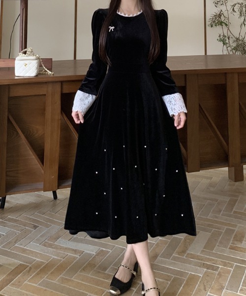 Diosfront ワンピース 袖レース切替ベロアワンピース : ZOZOTOWN Yahoo