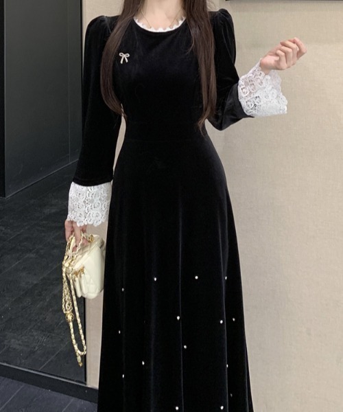 Diosfront ワンピース 袖レース切替ベロアワンピース : ZOZOTOWN Yahoo