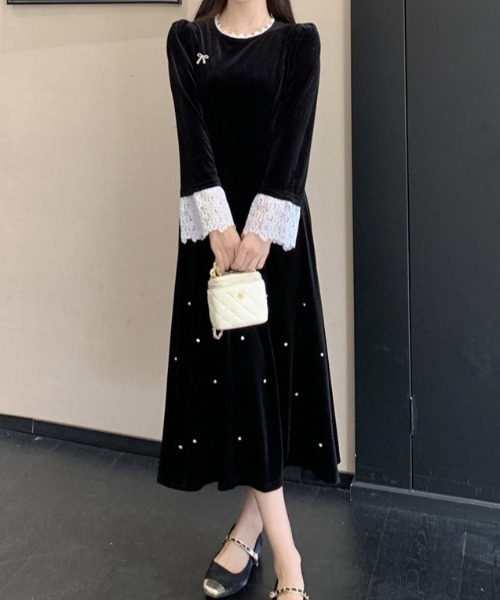 Diosfront ワンピース 袖レース切替ベロアワンピース : ZOZOTOWN Yahoo