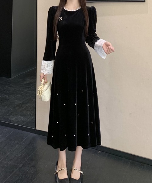 Diosfront ワンピース 袖レース切替ベロアワンピース : ZOZOTOWN Yahoo