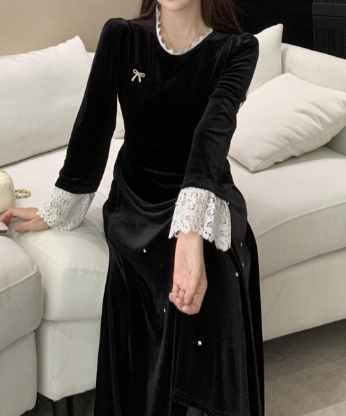 Diosfront ワンピース 袖レース切替ベロアワンピース : ZOZOTOWN Yahoo